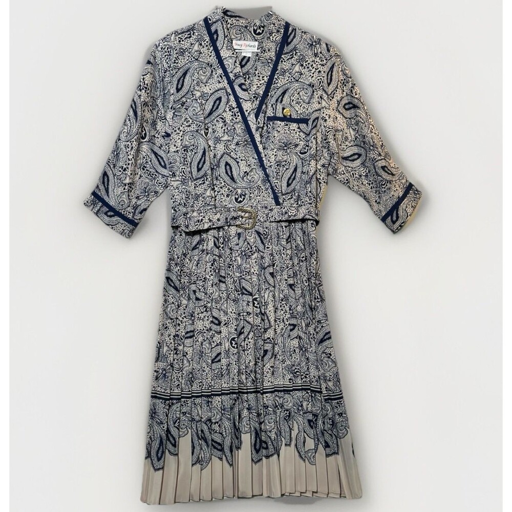 Vintage Tracy Richards Paisley Dress Belted Pleated Hem Navy Beige Midi